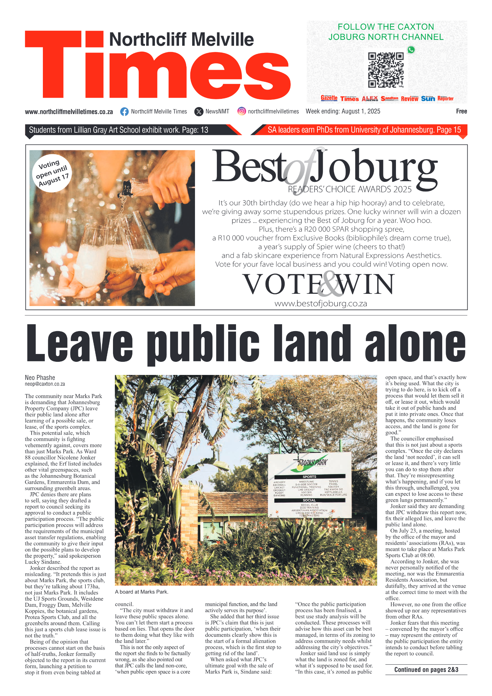 Northcliff Melville Times 1 August 2025 page 1