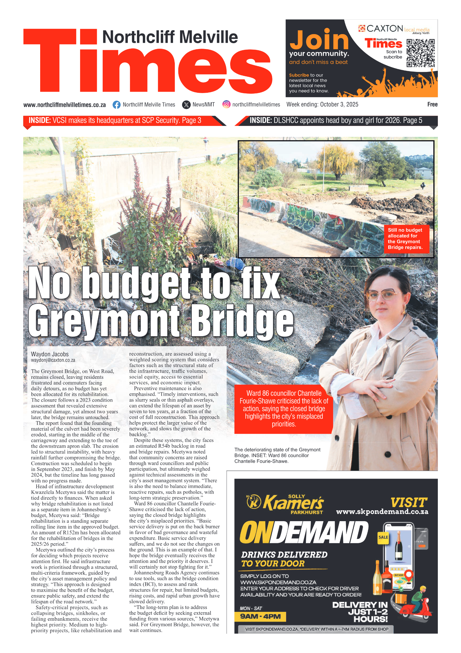 Northcliff Melville Times 3 October 2025 page 1