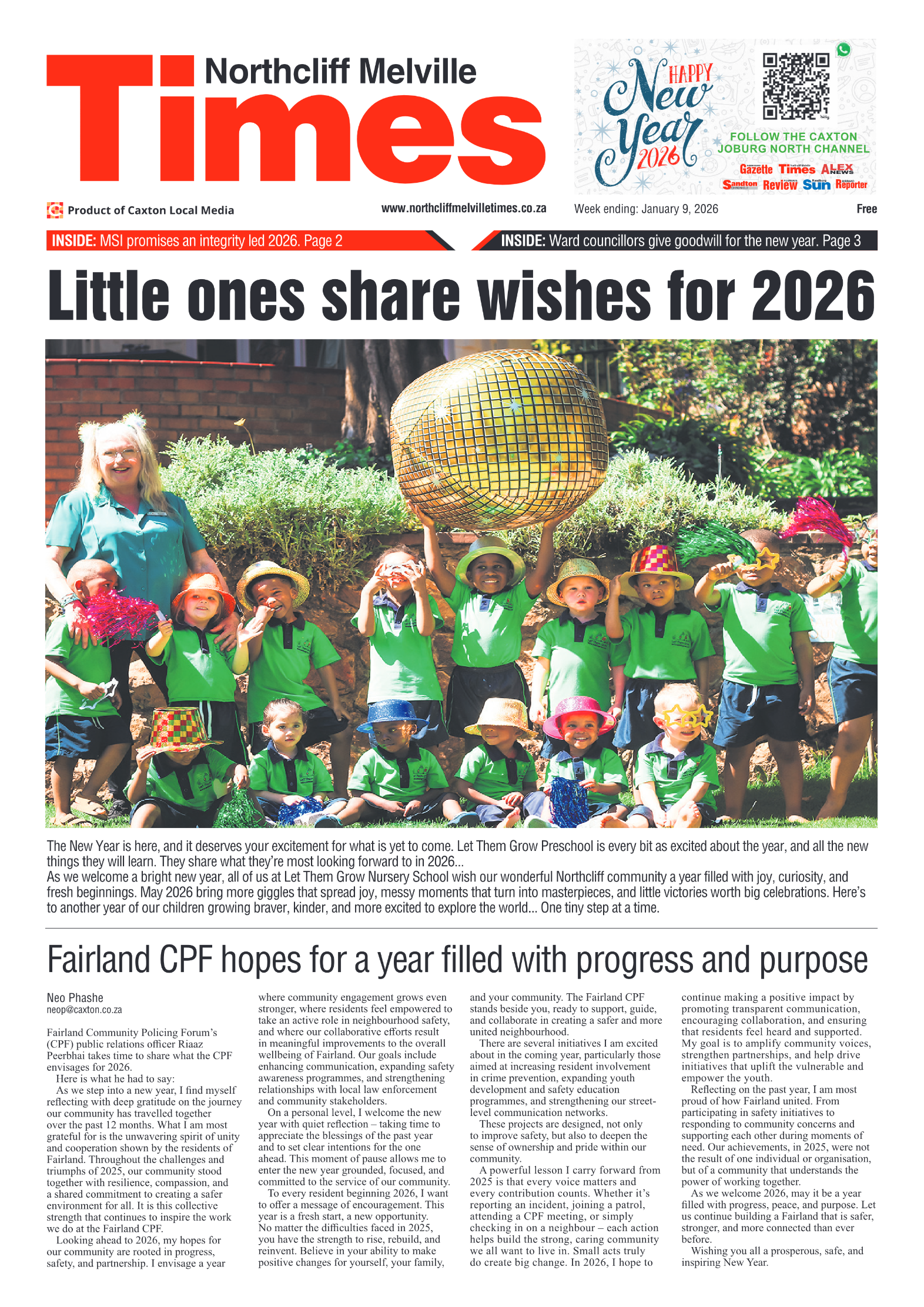 Northcliff Melville Times 9 January 2026 page 1