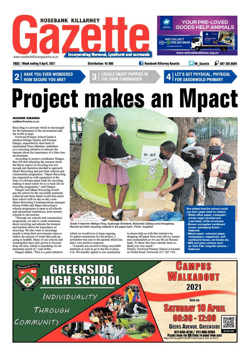 Rosebank Killarney Gazette 09 April 2021 page 1