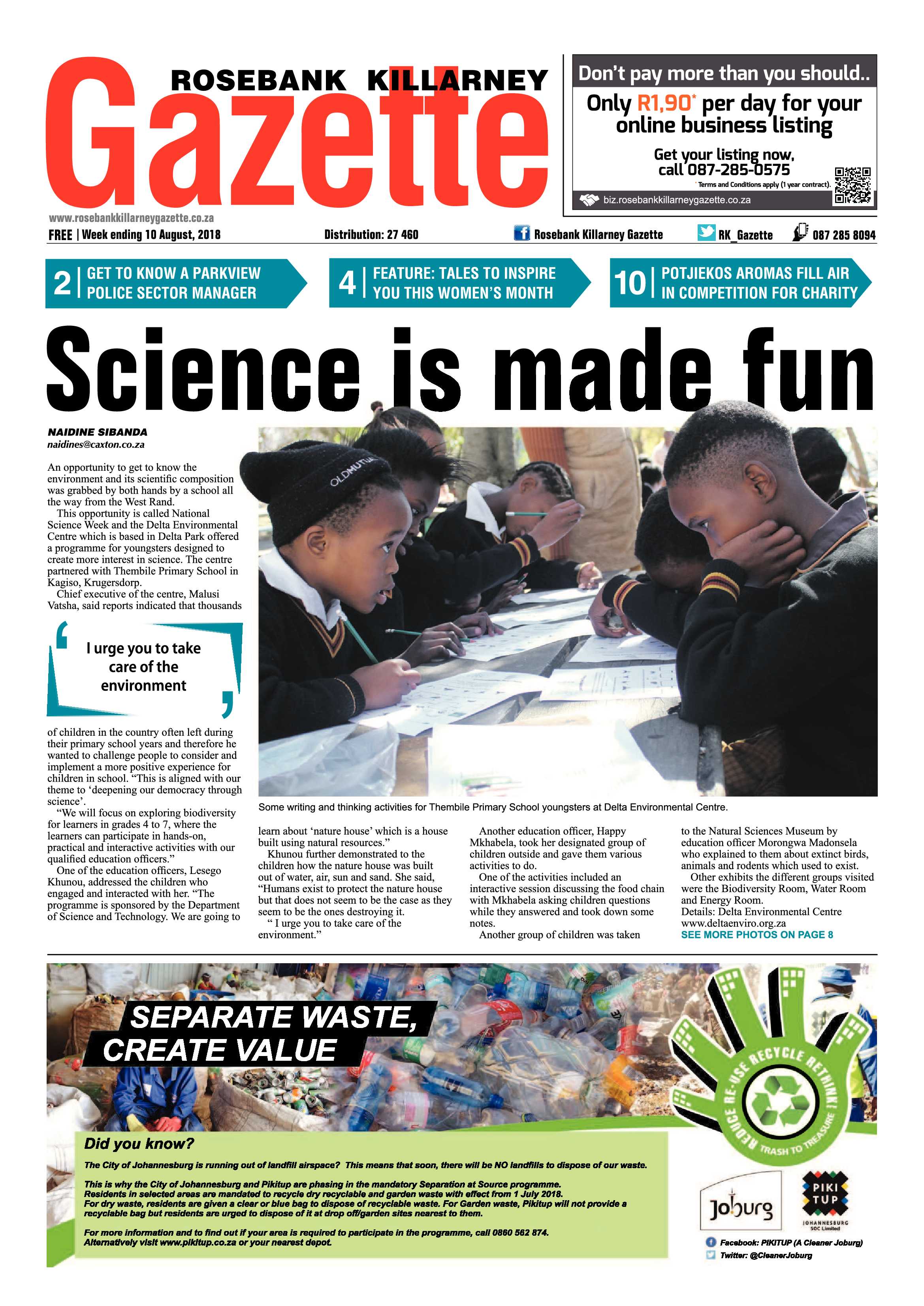 Rosebank Killarney Gazette 10 August 2018 page 1