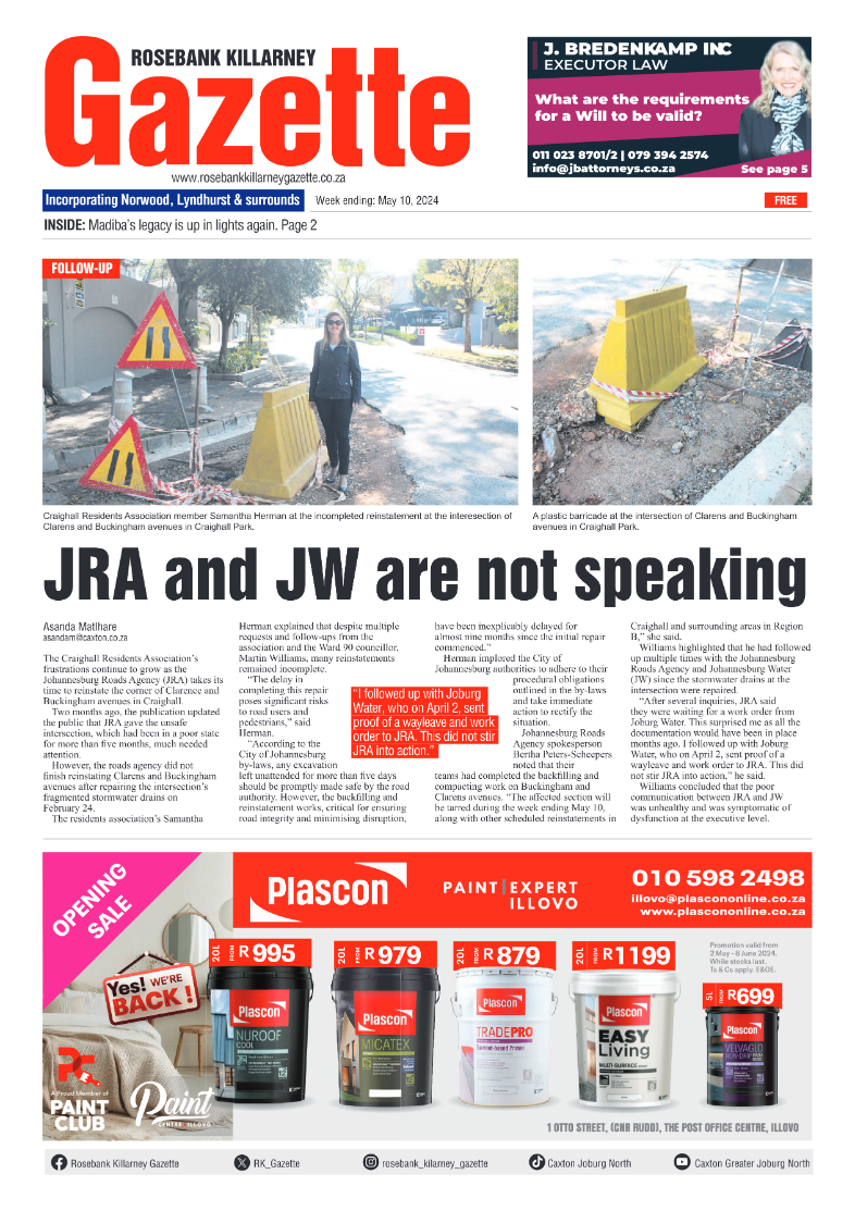 Rosebank Killarney Gazette 10 May 2024 page 1