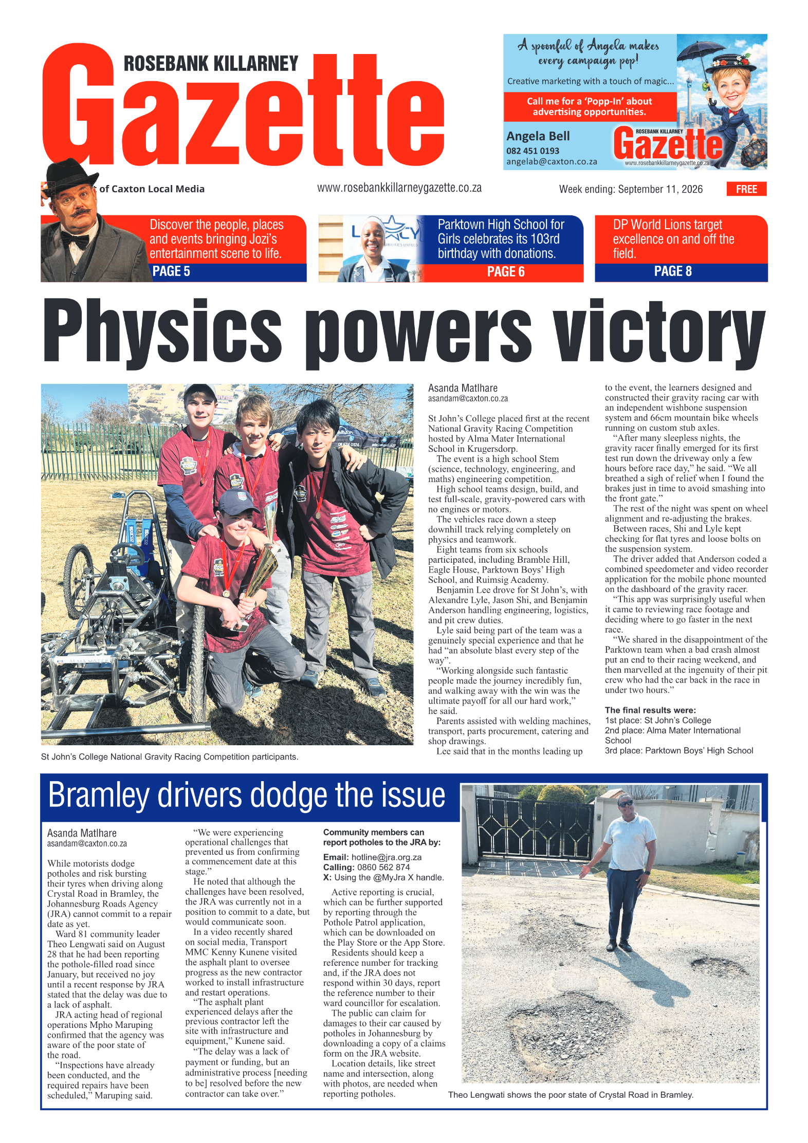 Rosebank Killarney Gazette 11 September 2026 page 1