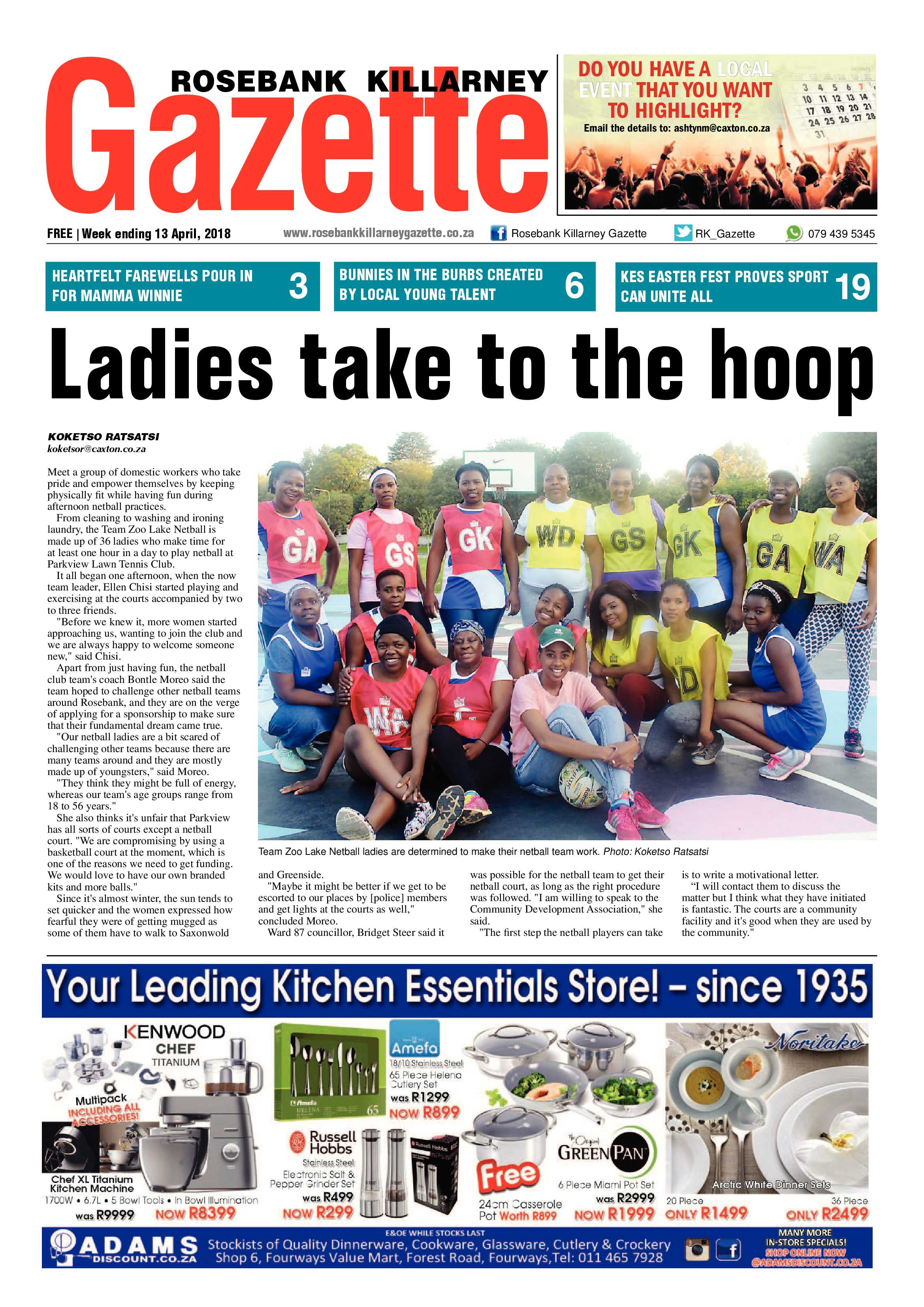 Rosebank Killarney Gazette 13 April 2018 page 1