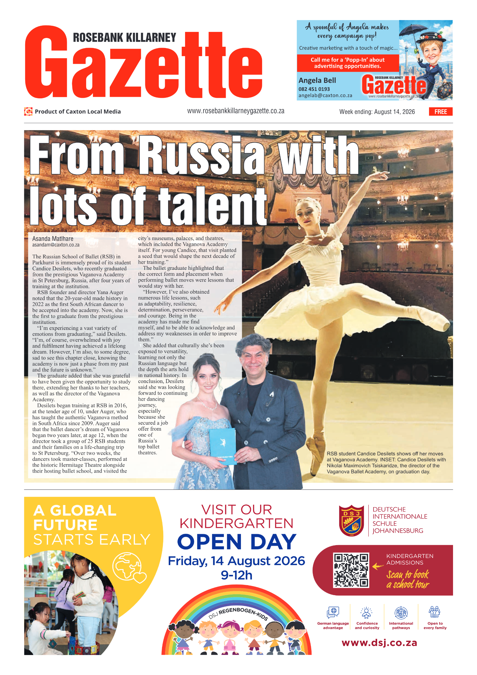 Rosebank Killarney Gazette 14 August 2026 page 1