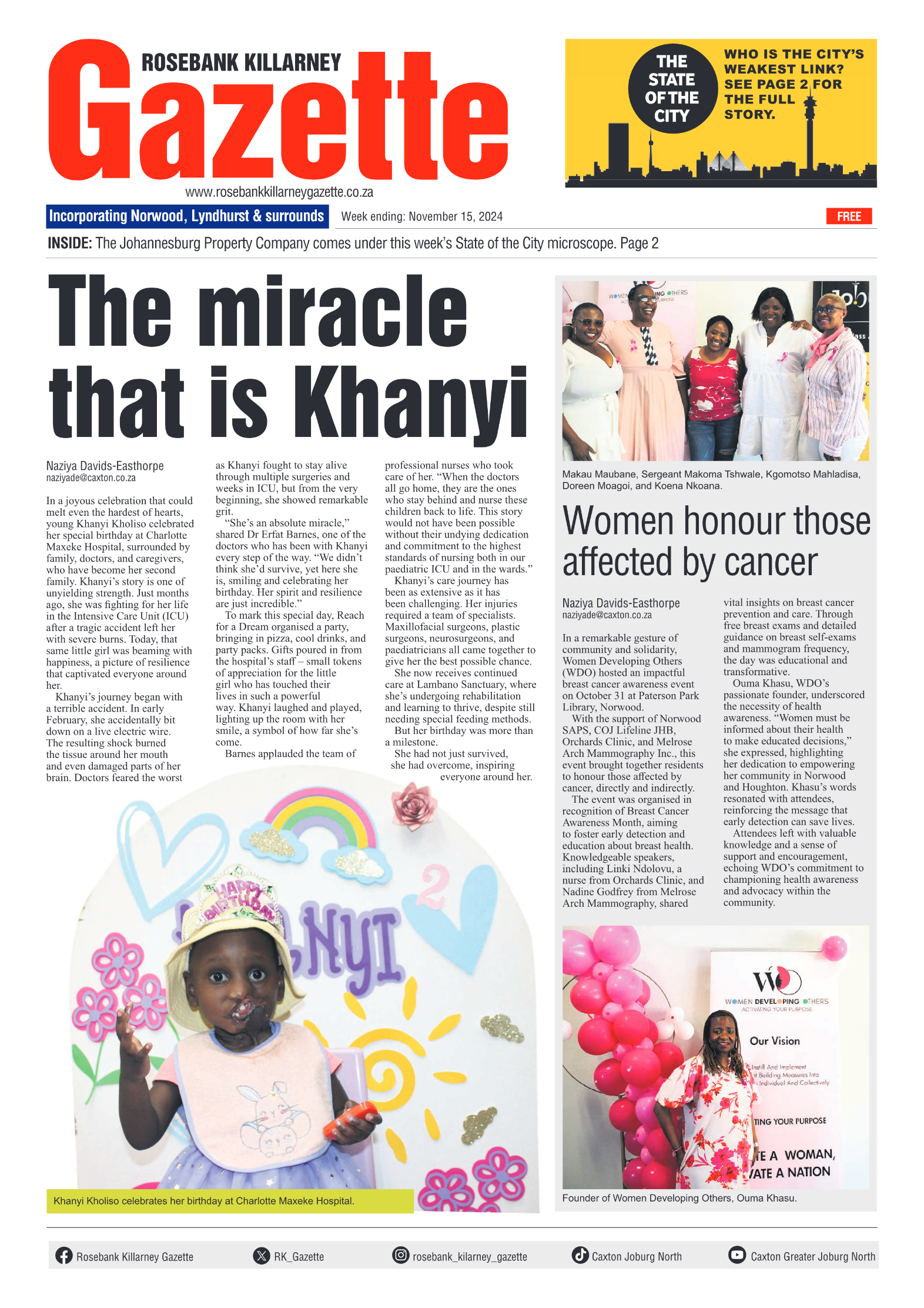 Rosebank Killarney Gazette 15 November 2024 page 1