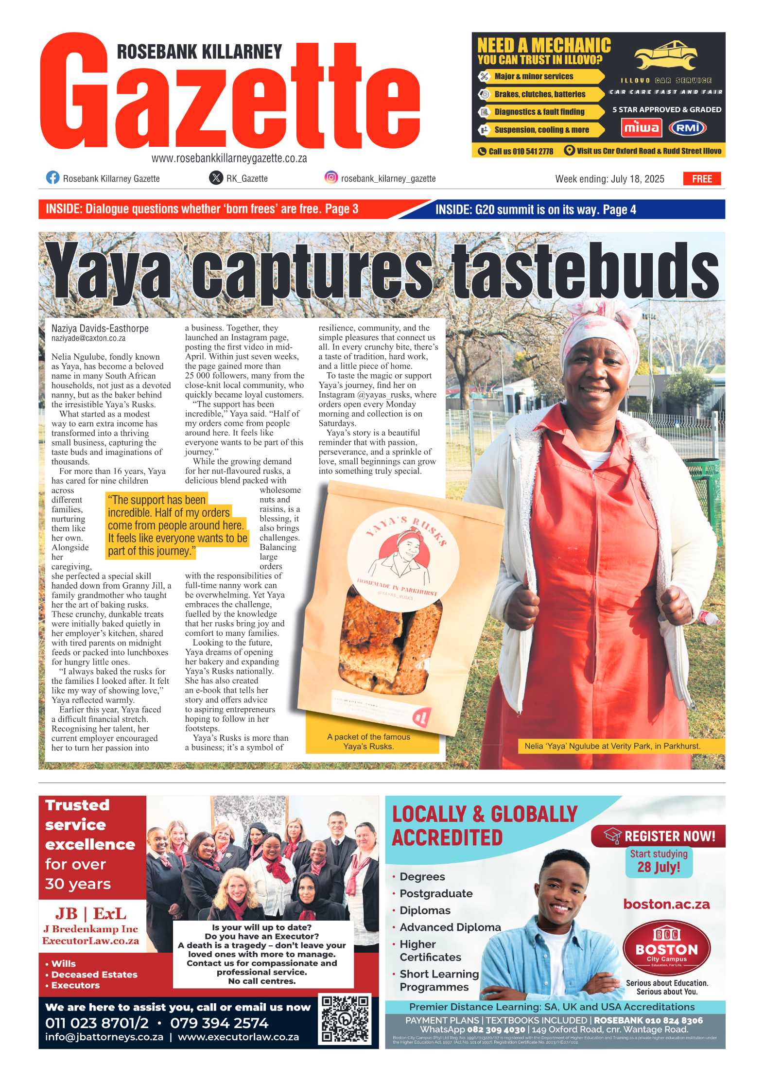 Rosebank Killarney Gazette 18 July 2025 page 1