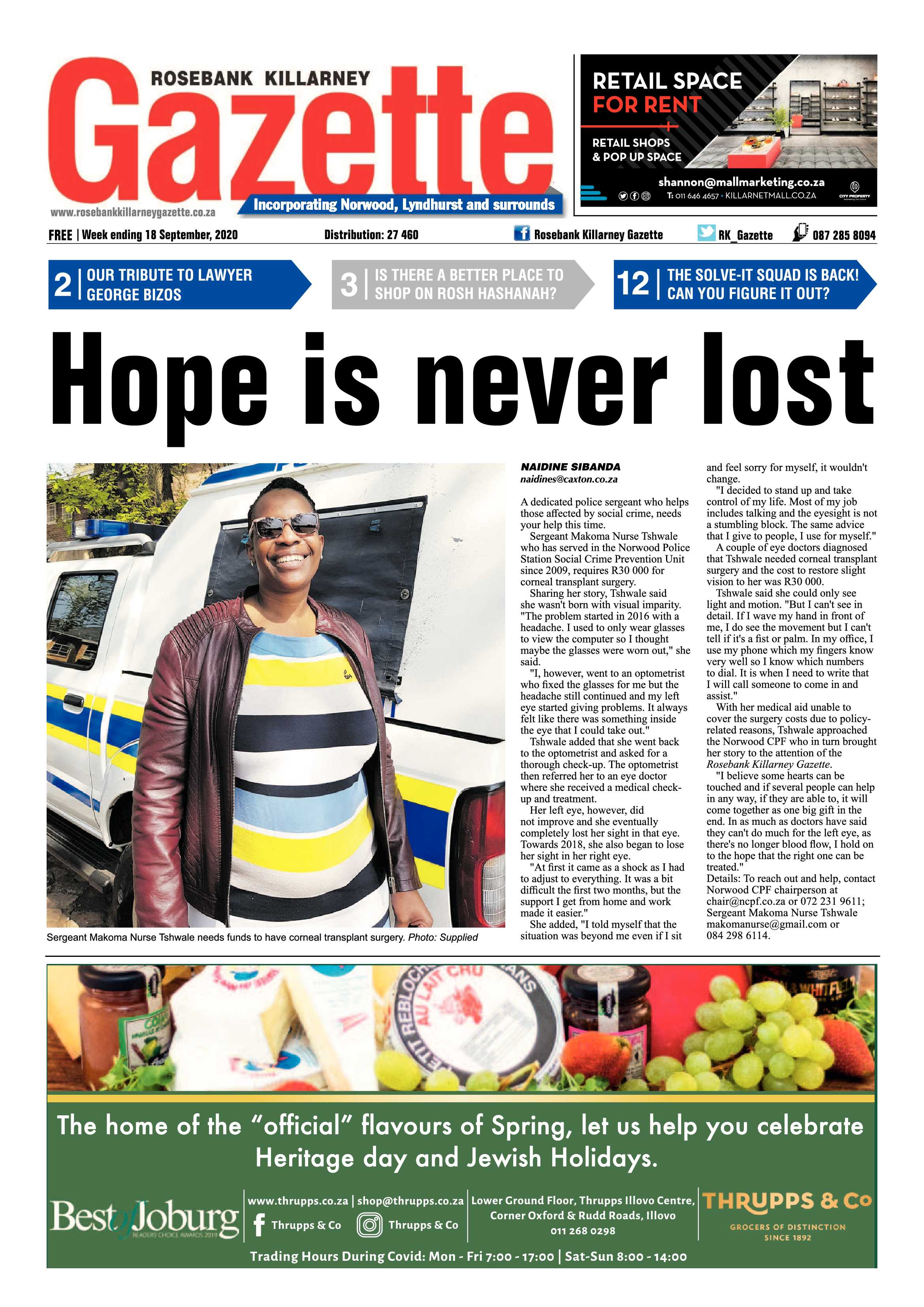 Rosebank Killarney Gazette 18 September 2020 page 1