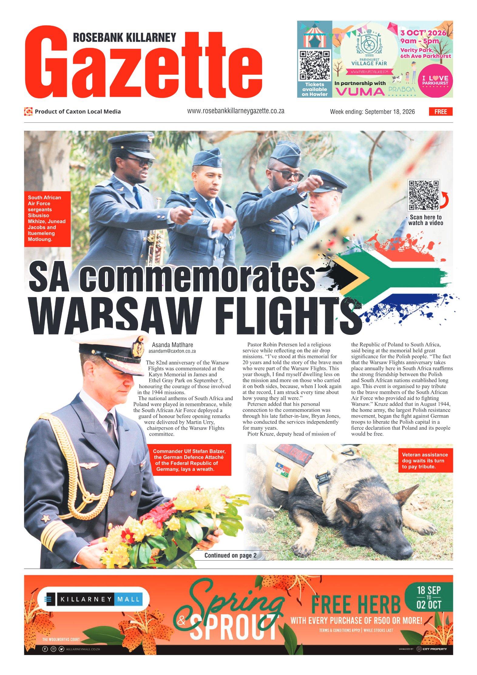 Rosebank Killarney Gazette 18 September 2026 page 1
