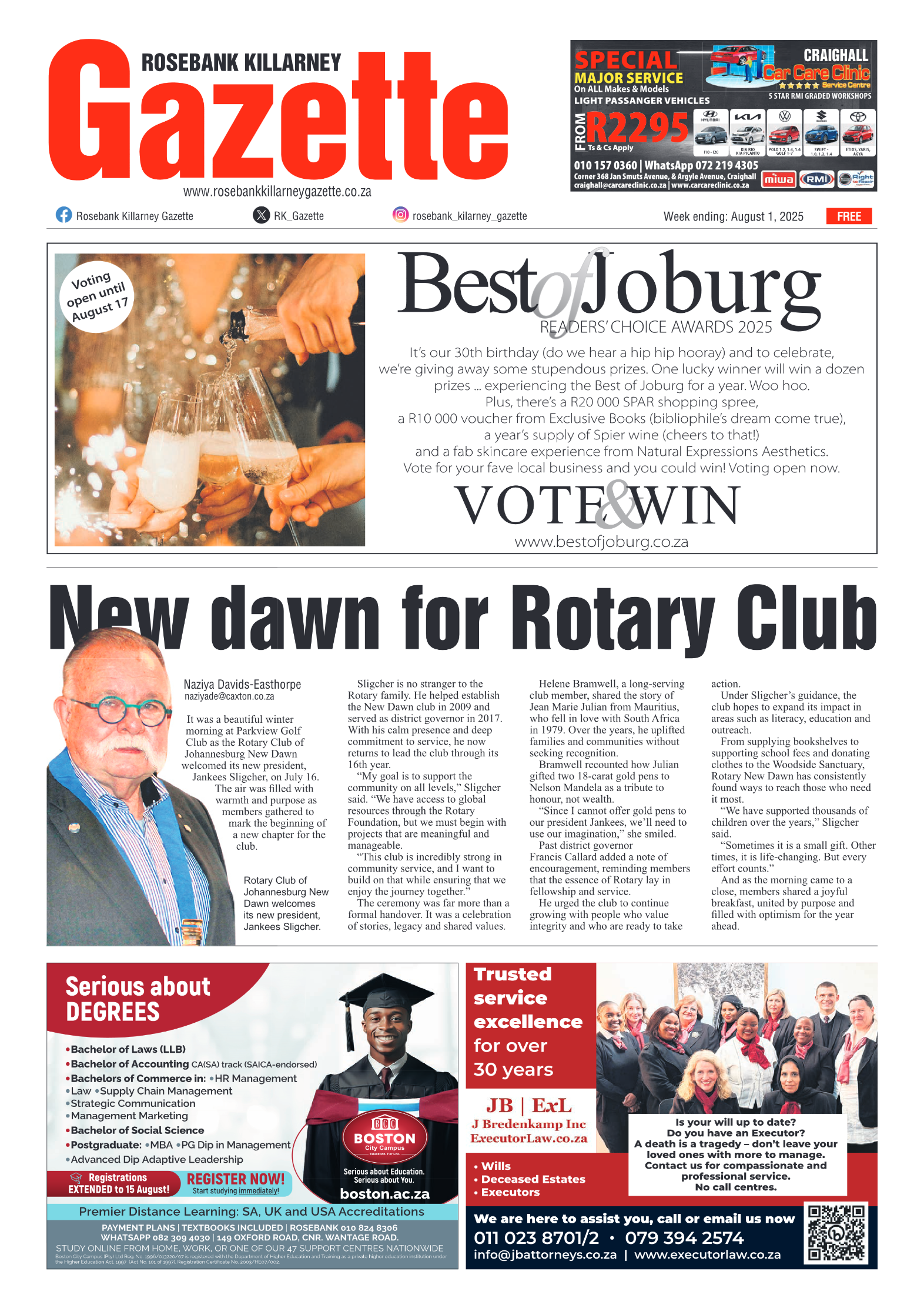 Rosebank Killarney Gazette 1 August 2025 page 1