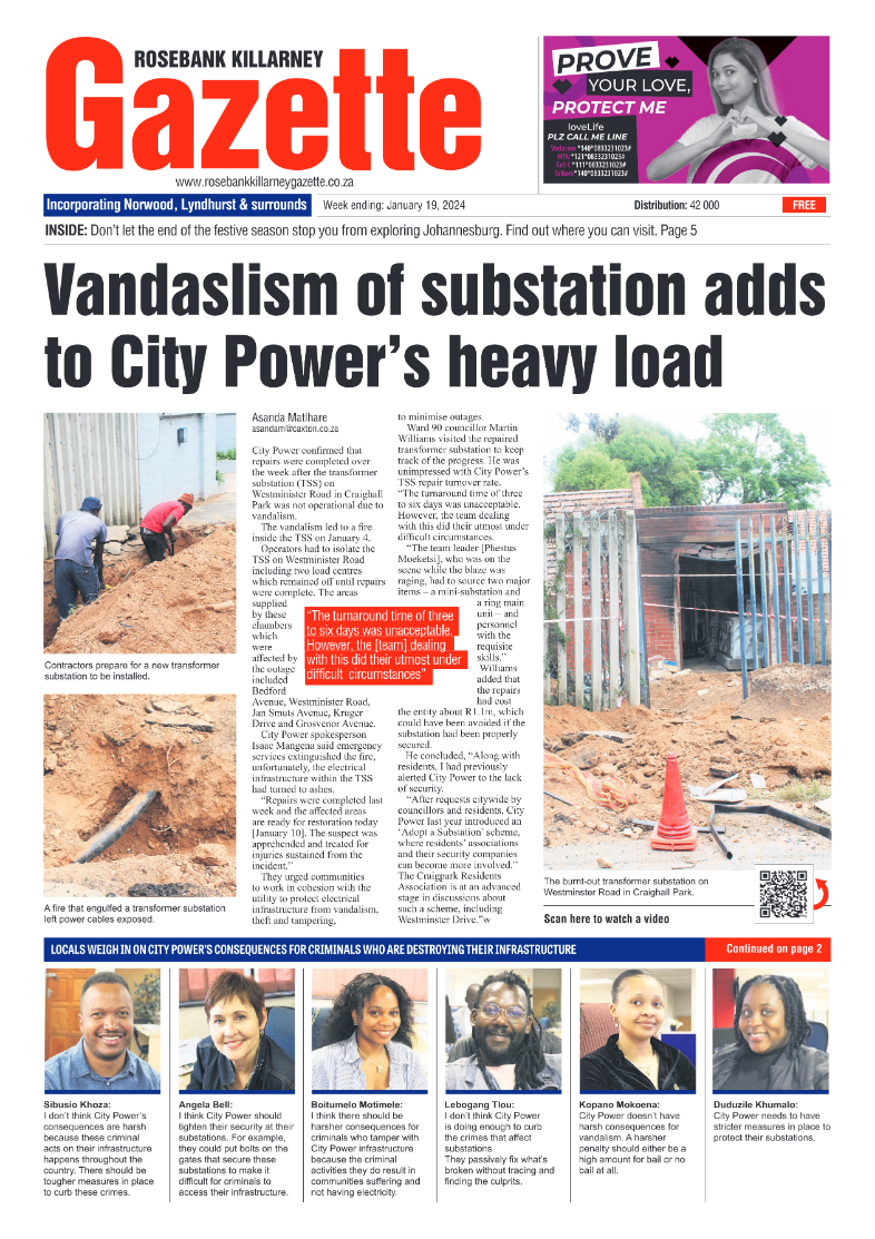 Rosebank Killarney Gazette 19 Jan 2024 page 1