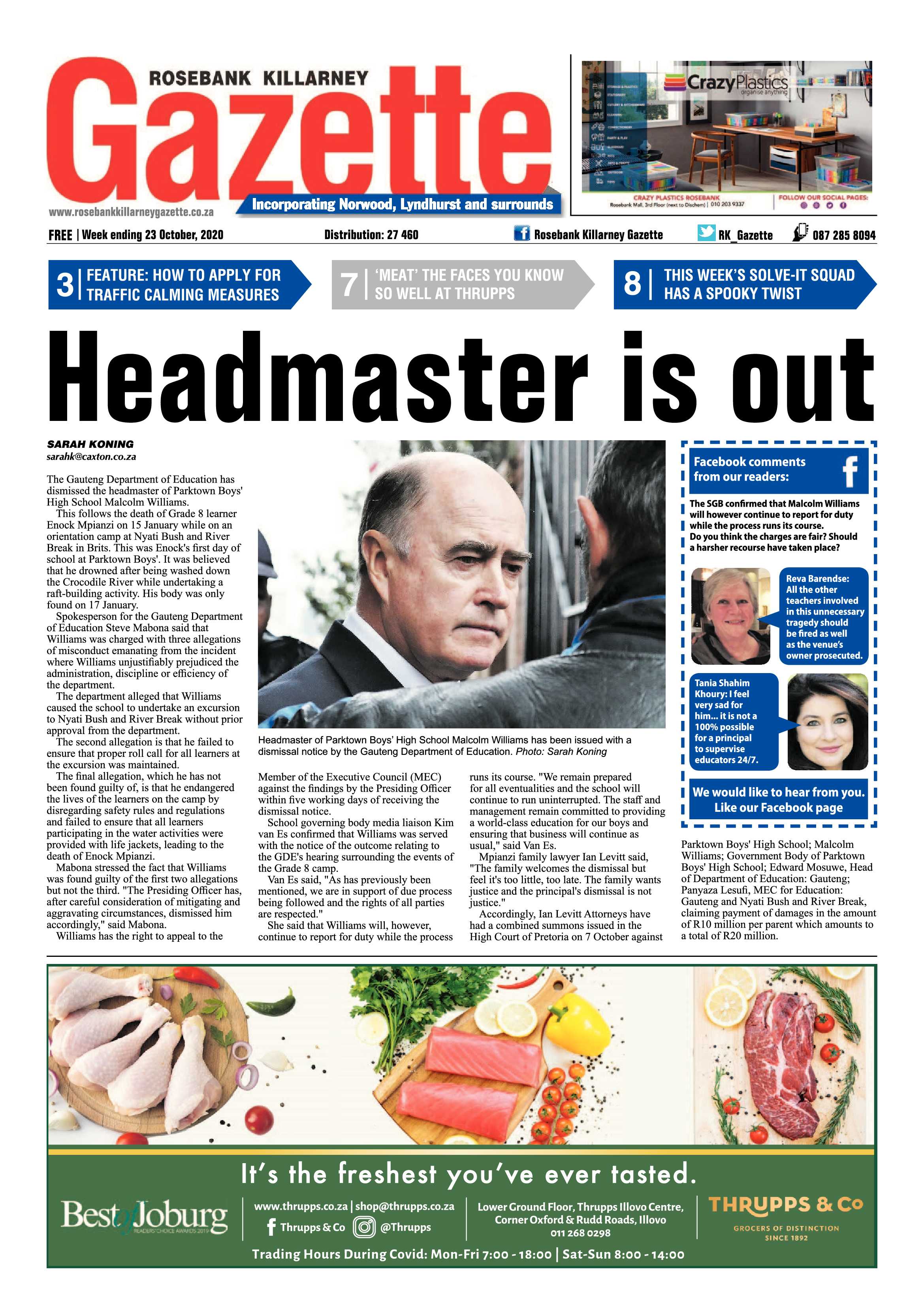 Rosebank Killarney Gazette 23 October 2020 page 1