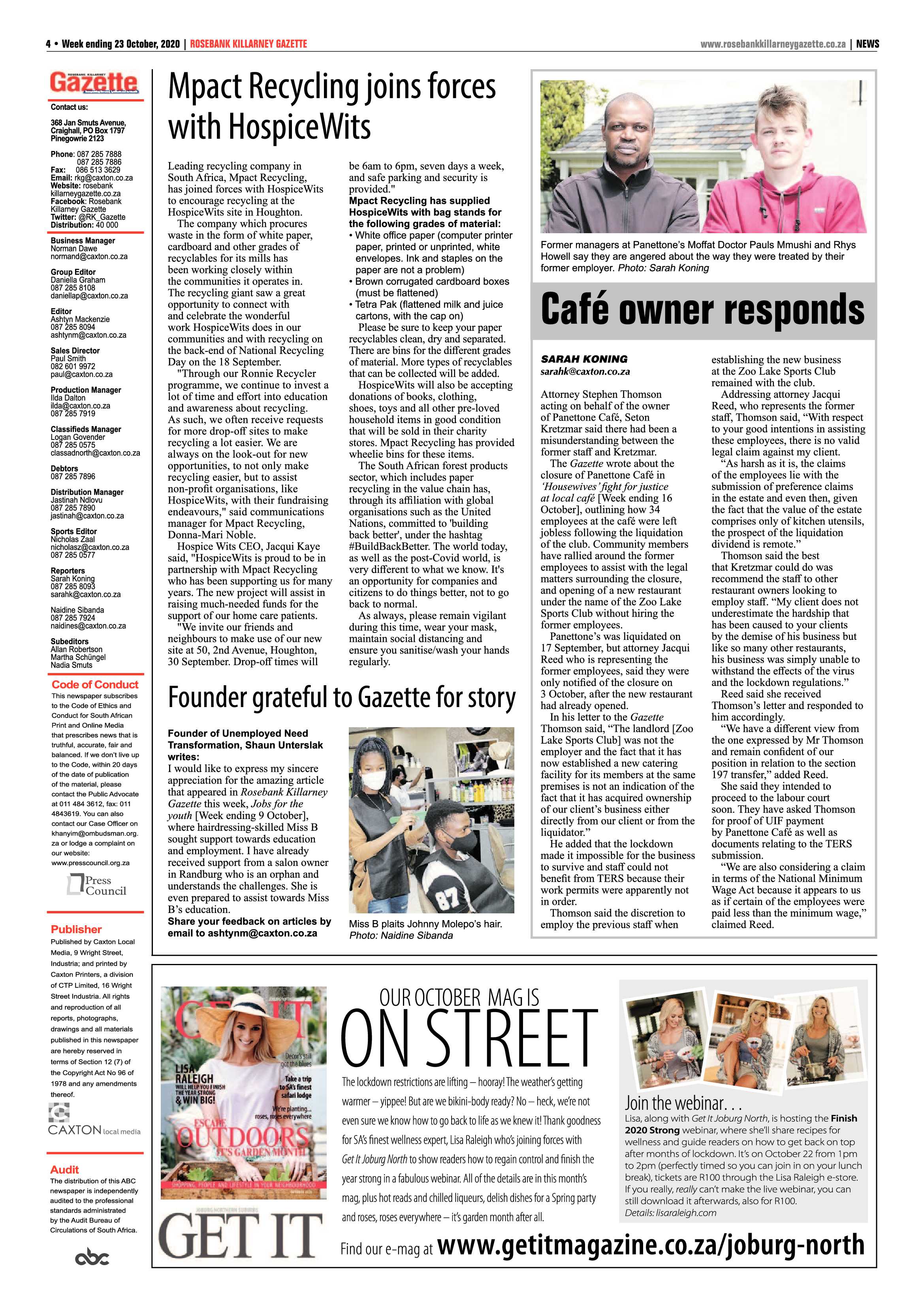 Rosebank Killarney Gazette 23 October 2020 page 4
