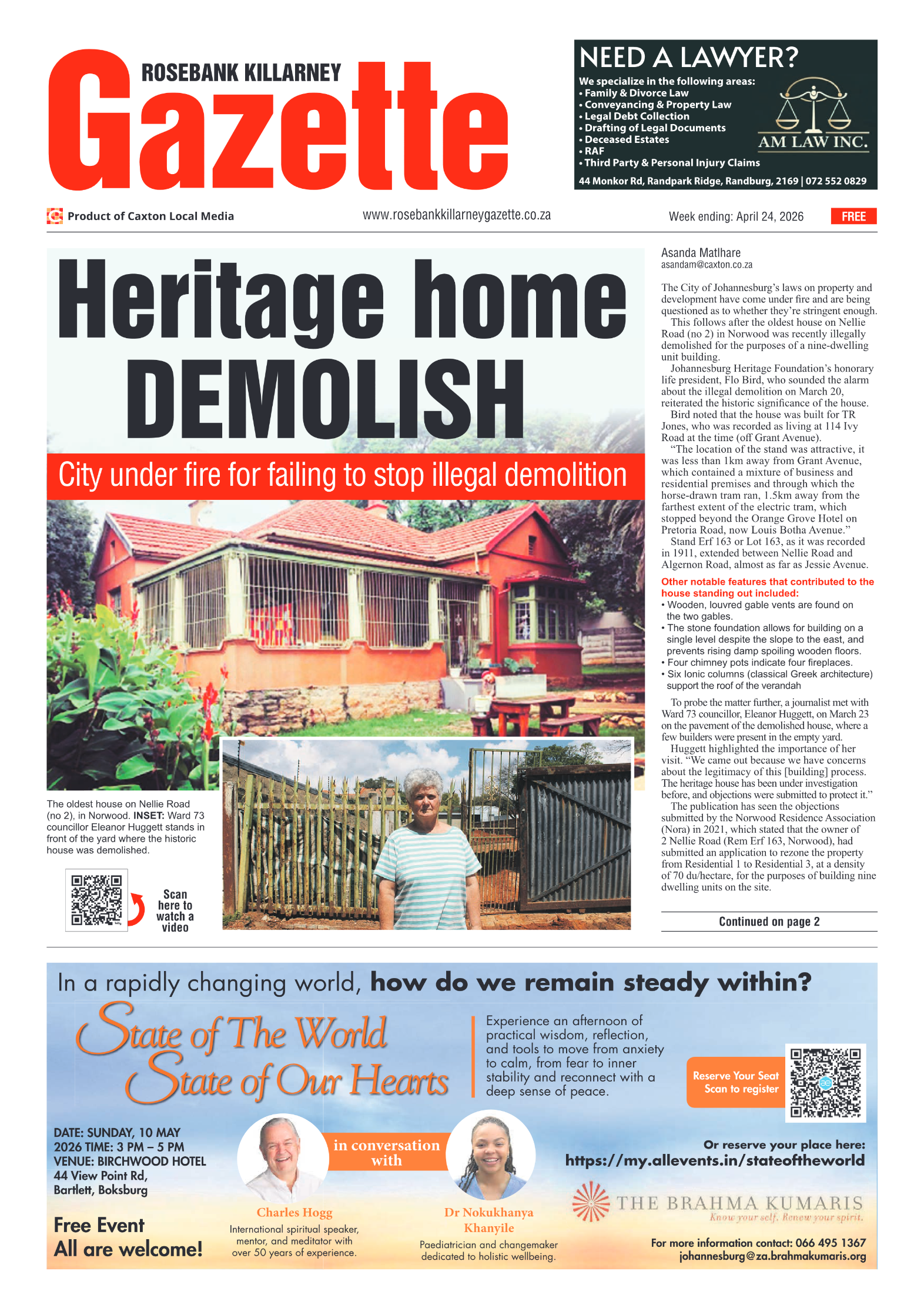 Rosebank Killarney Gazette 24 April 2026 page 1