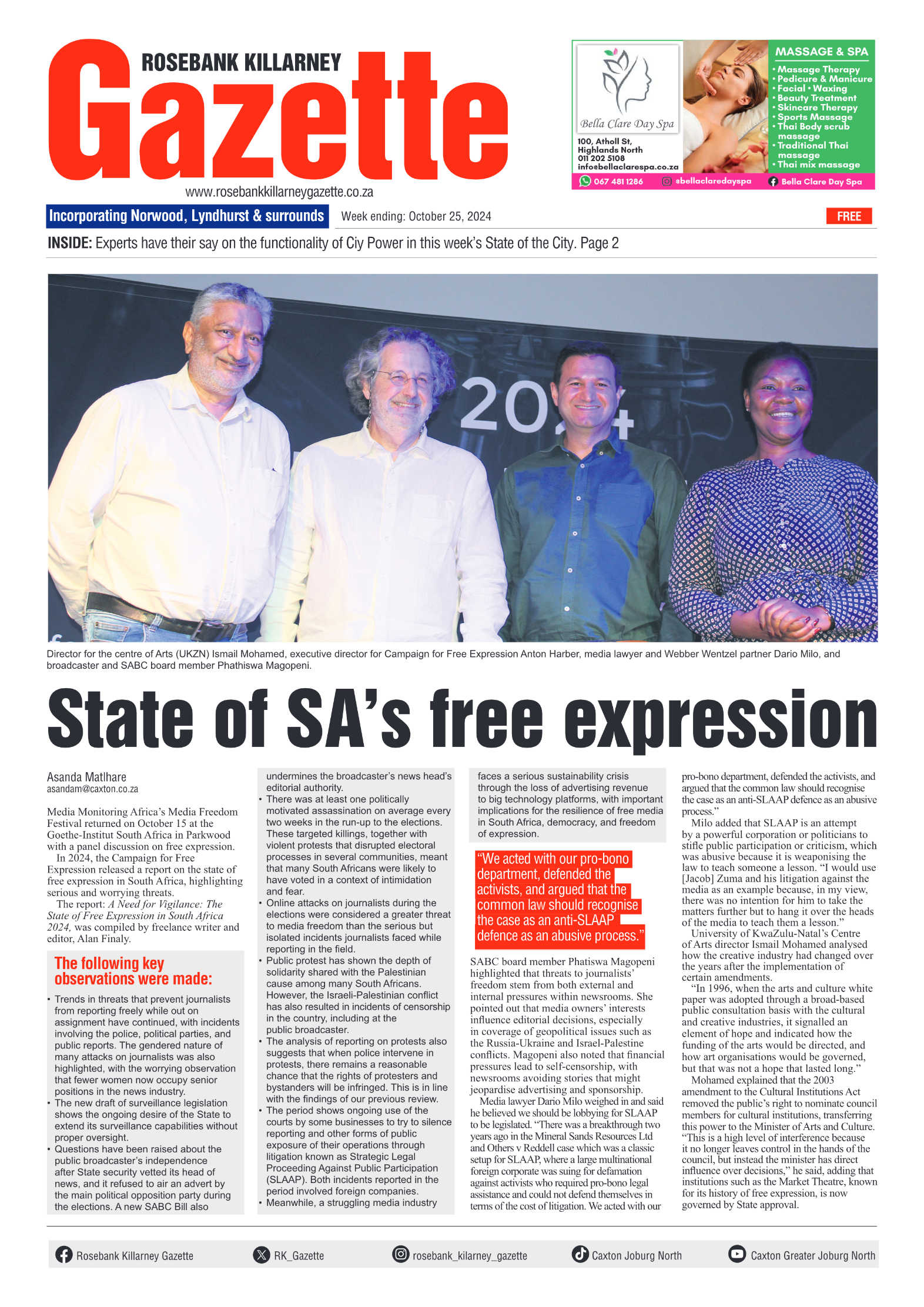 Rosebank Killarney Gazette 25 October 2024 page 1