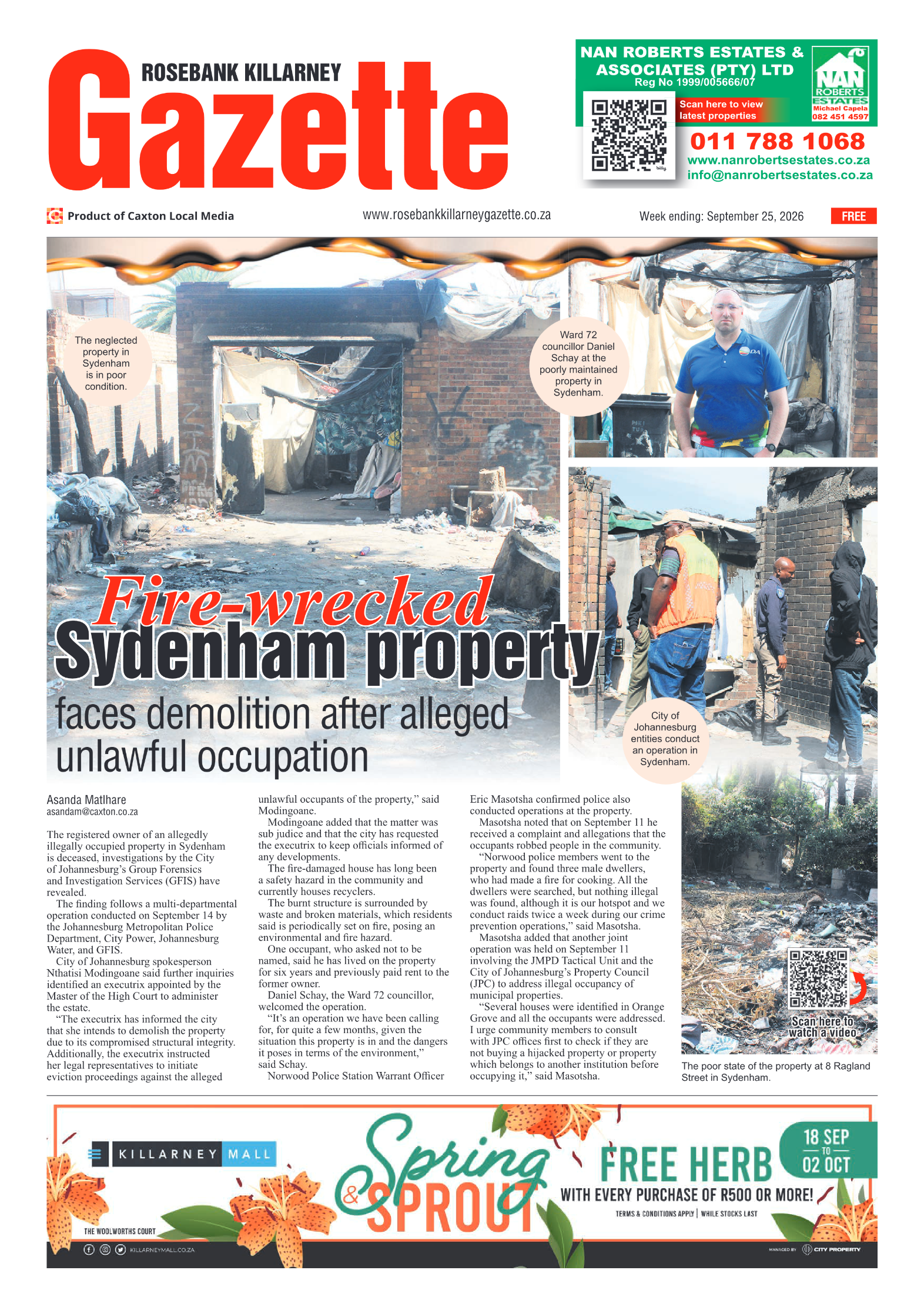 Rosebank Killarney Gazette 25 September 2026 page 1