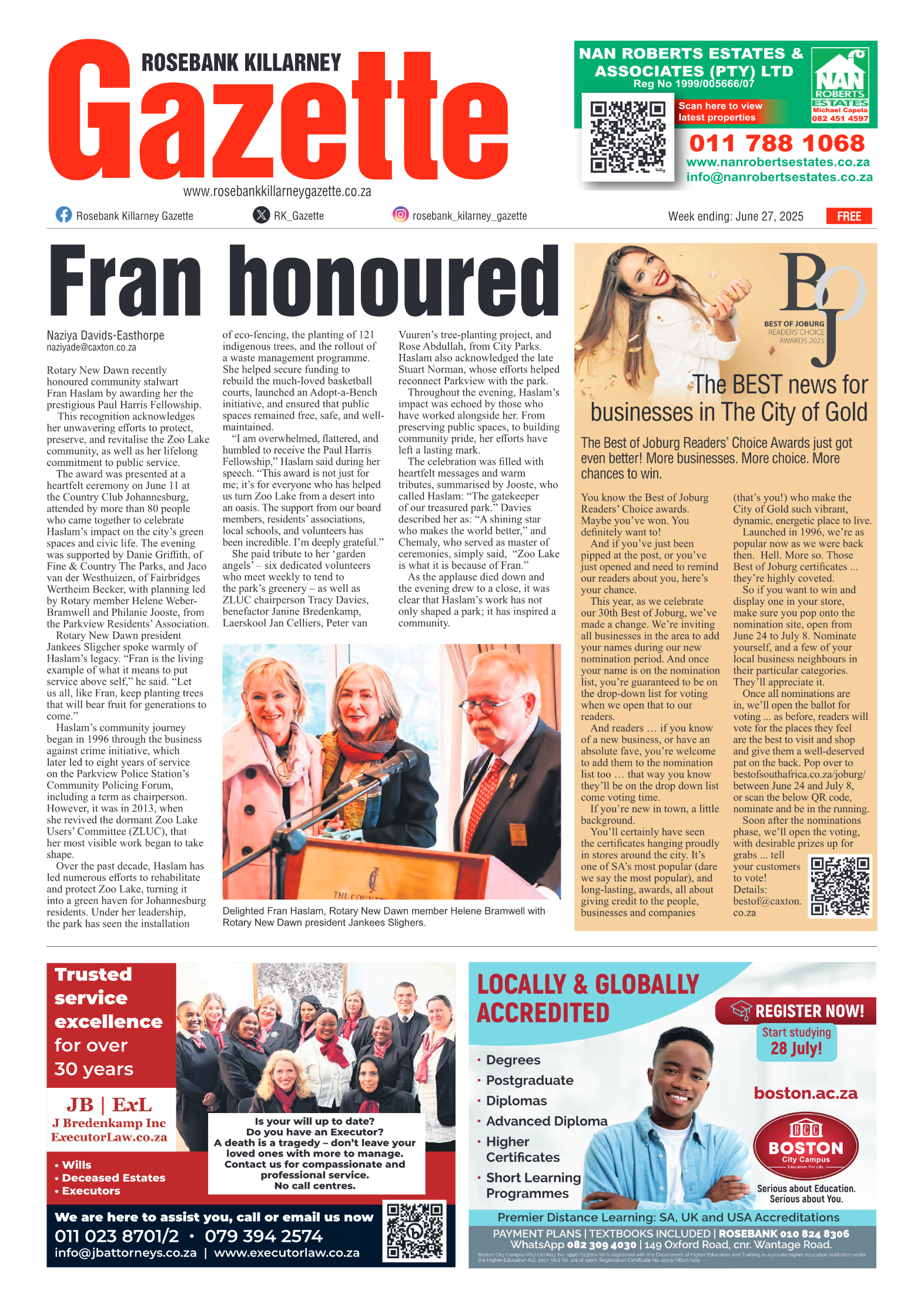 Rosebank Killarney Gazette 27 June 2025 page 1