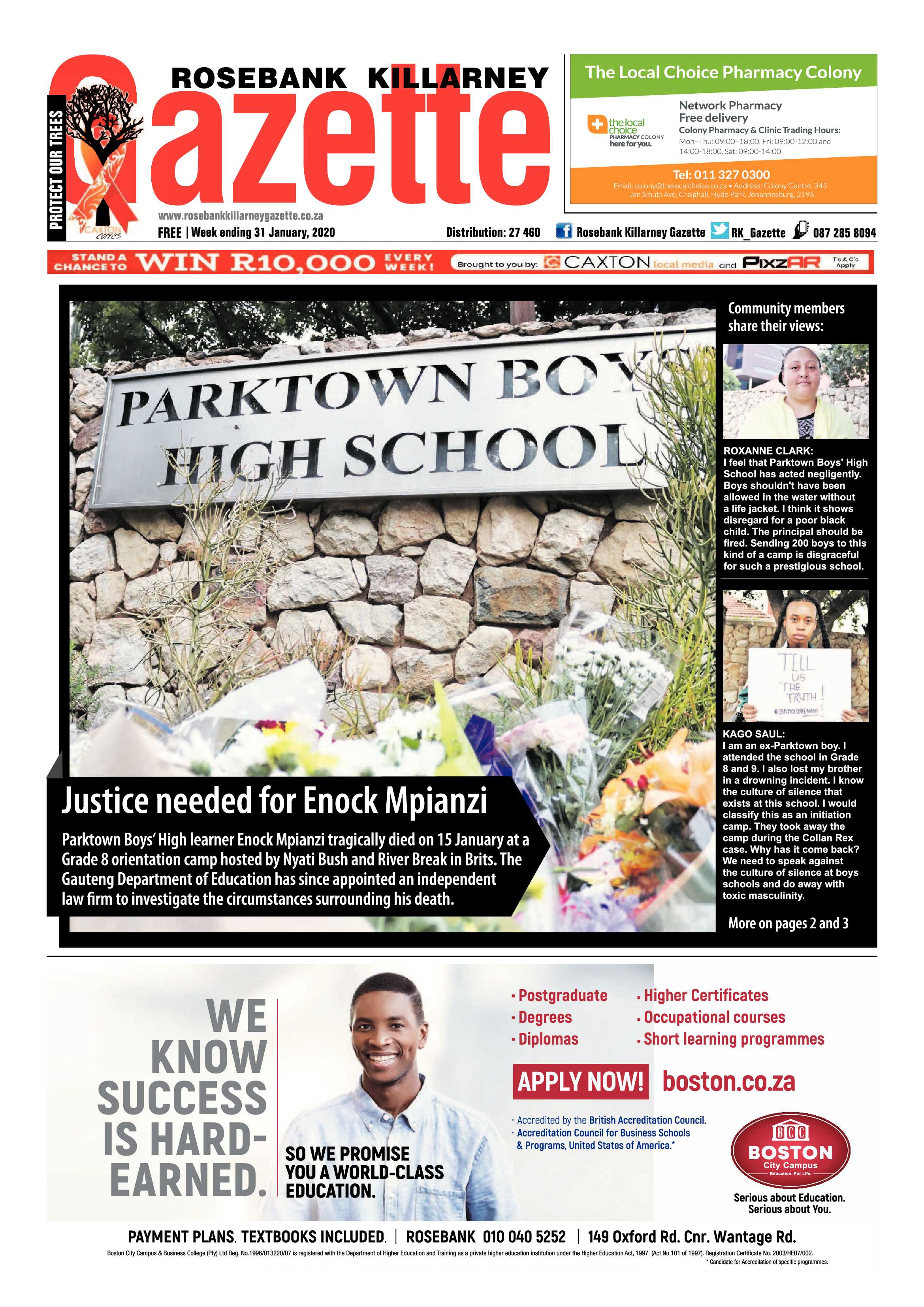 Rosebank Killarney Gazette 31 January 2020 page 1