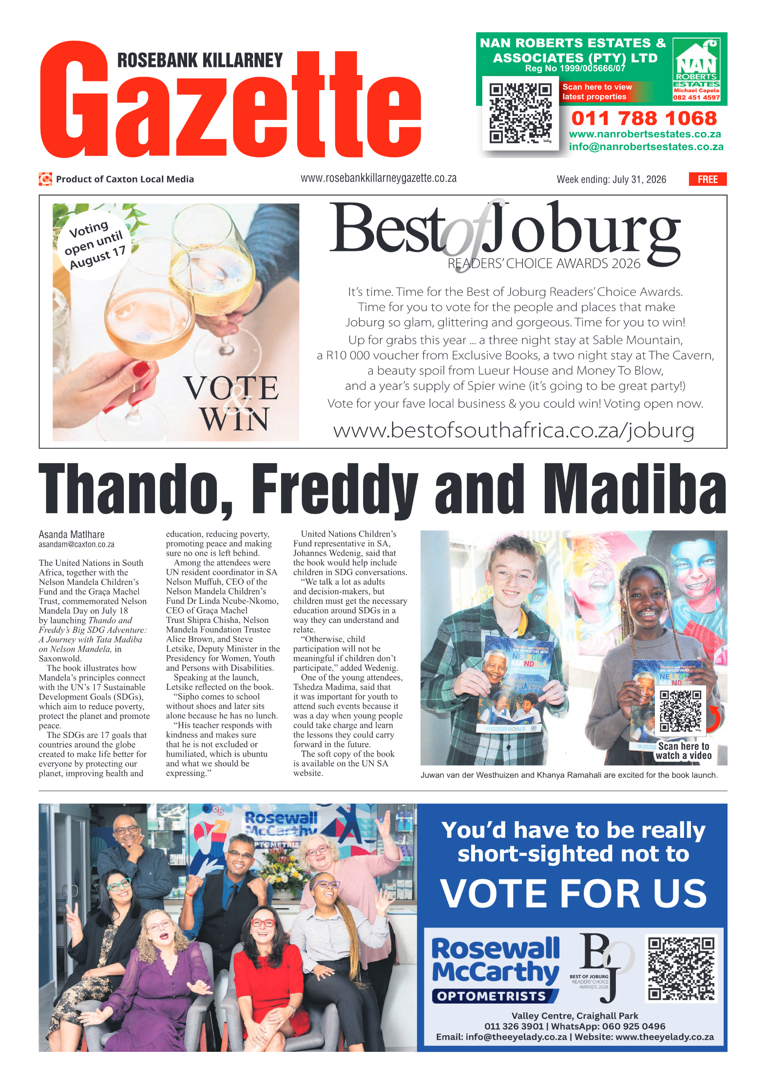 Rosebank Killarney Gazette 31 July 2026 page 1