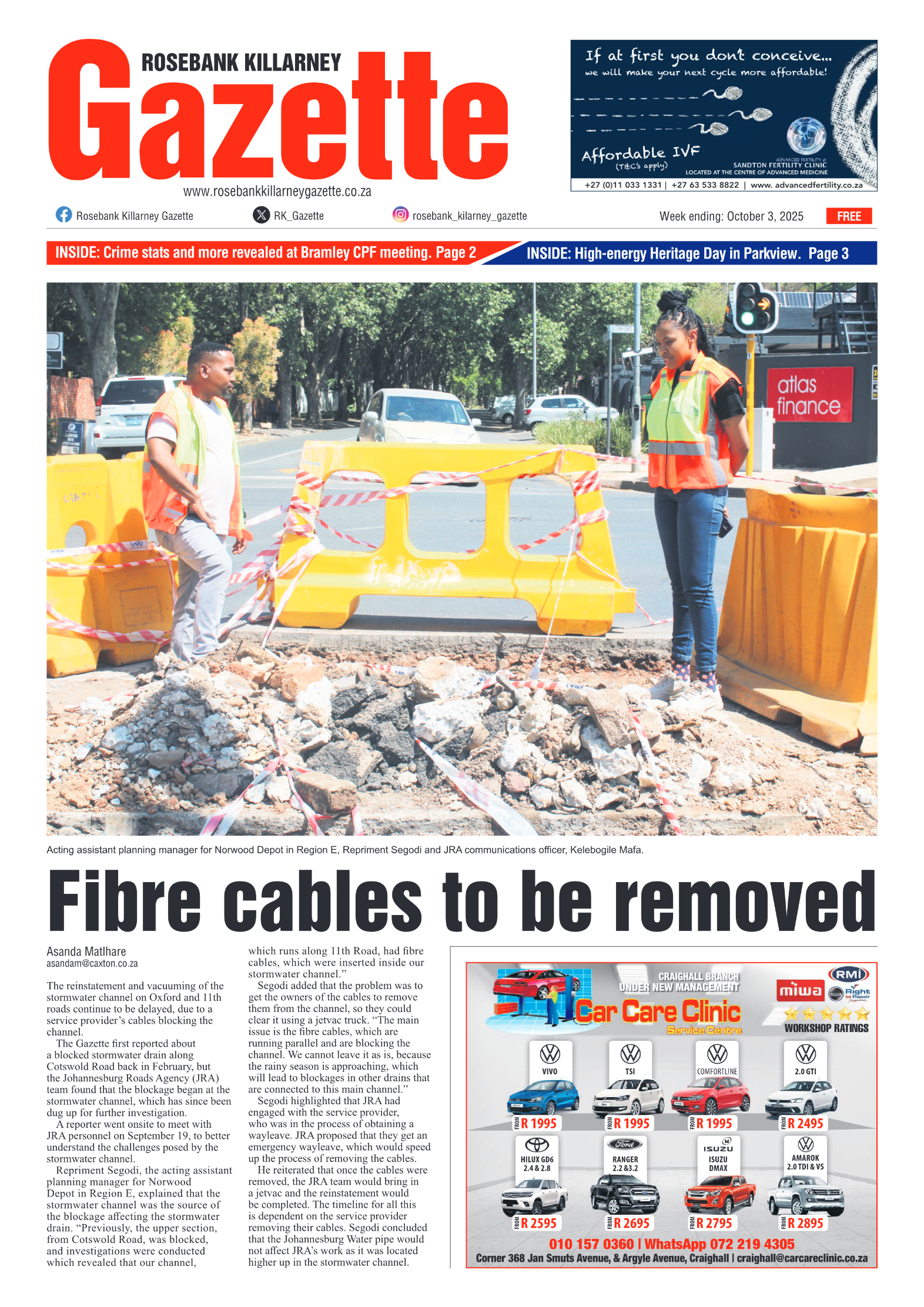 Rosebank Killarney Gazette 3 October 2025 page 1