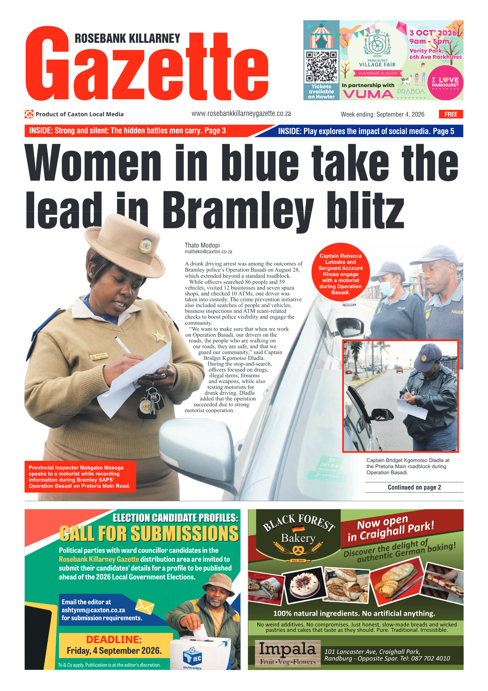 Rosebank Killarney Gazette 4 September 2026 page 1