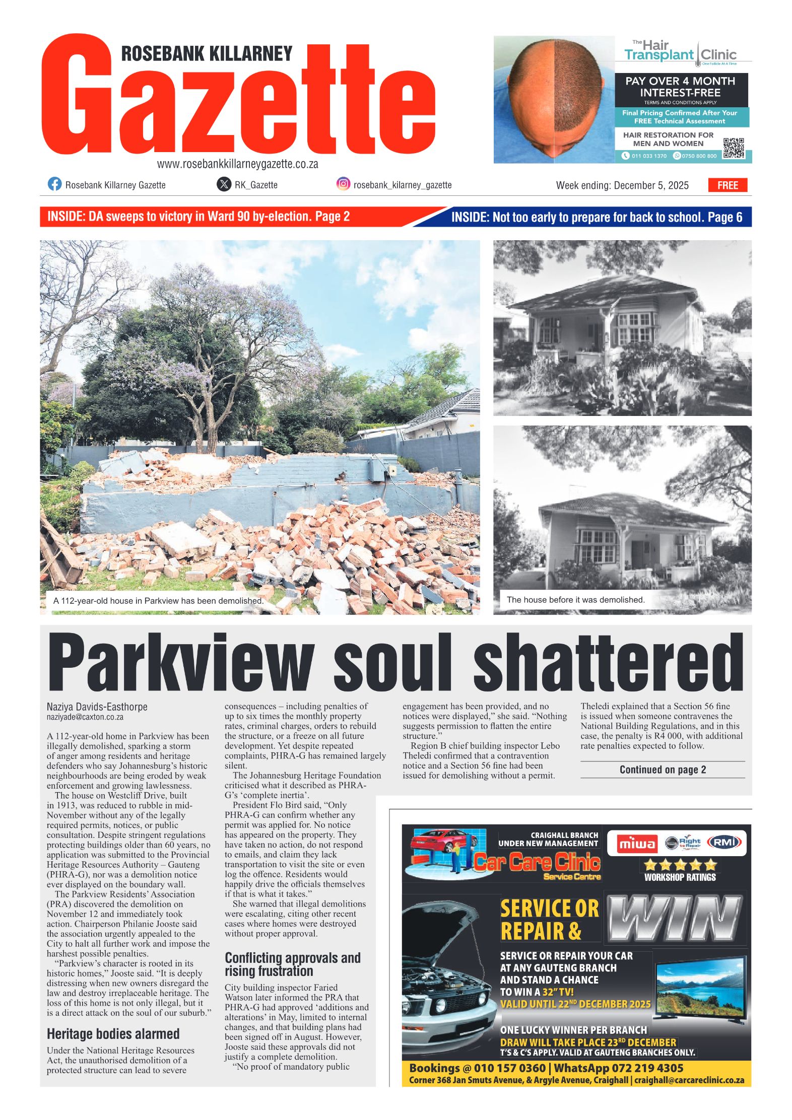 Rosebank Killarney Gazette 5 December 2025 page 1