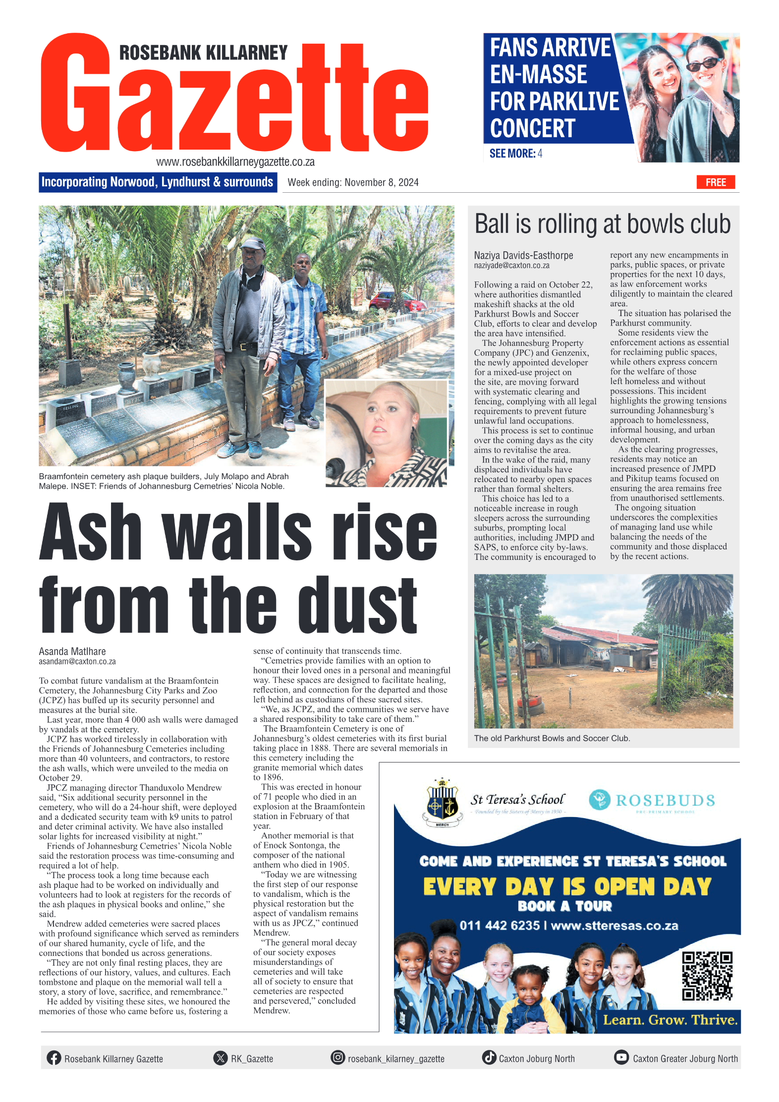 Rosebank Killarney Gazette 8 November 2024 page 1